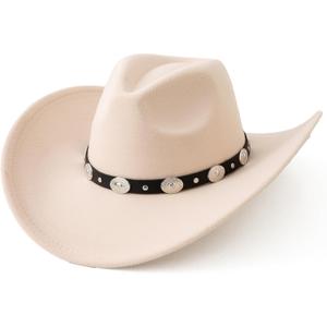 Lanzom Women Men Felt Wide Brim Western Cowboy Hats Belt Buckle Panama Hat (Small-Medium, Beige)