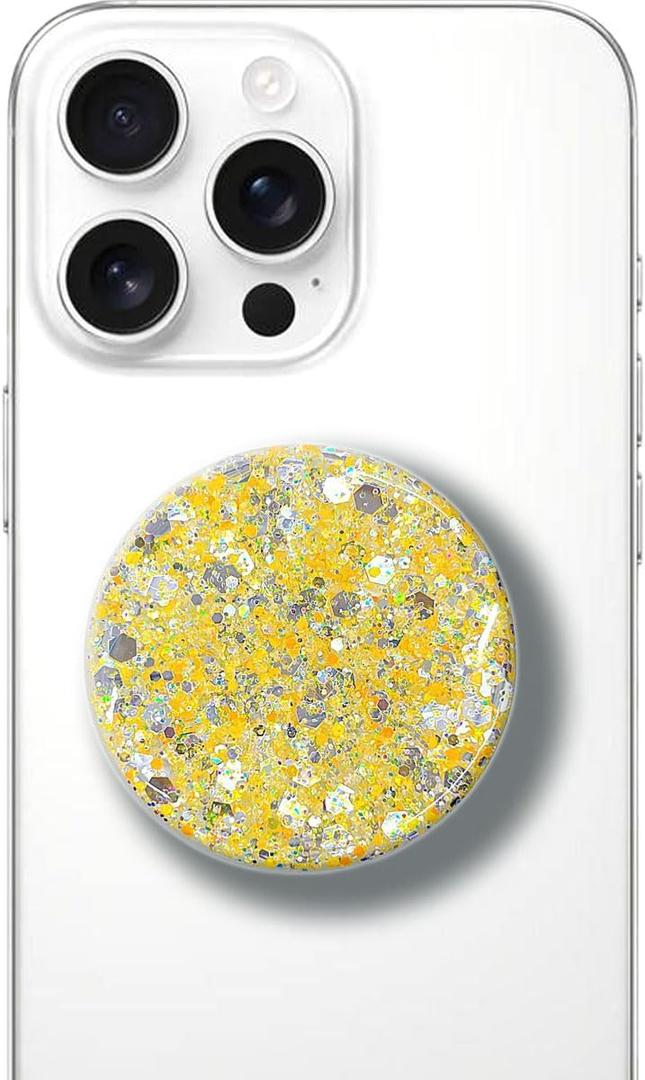 Universal Cell Phone Stand Compatible with for iPhone Grip Holder, 360 Rotation-Transparent Sparkling Star Drops colloidal Loose Powder (Golden)