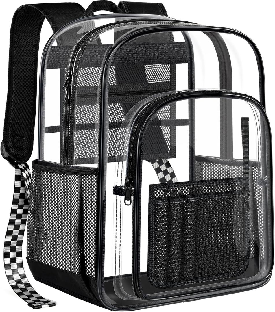PAMANO Clear Backpack Transparent Heavy Duty Bookbag See Through Bag for College Work Travel Security, Black XL