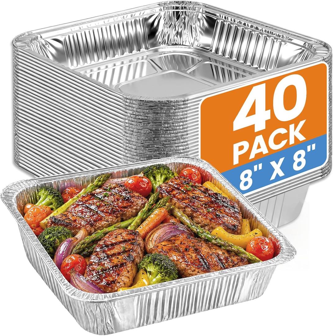 40 Pack 8x8 Aluminum Foil Pans - Square Baking Cake Pans Disposable - To Go Food Container Aluminum Tray, Perfect for 8'' Air Fryer