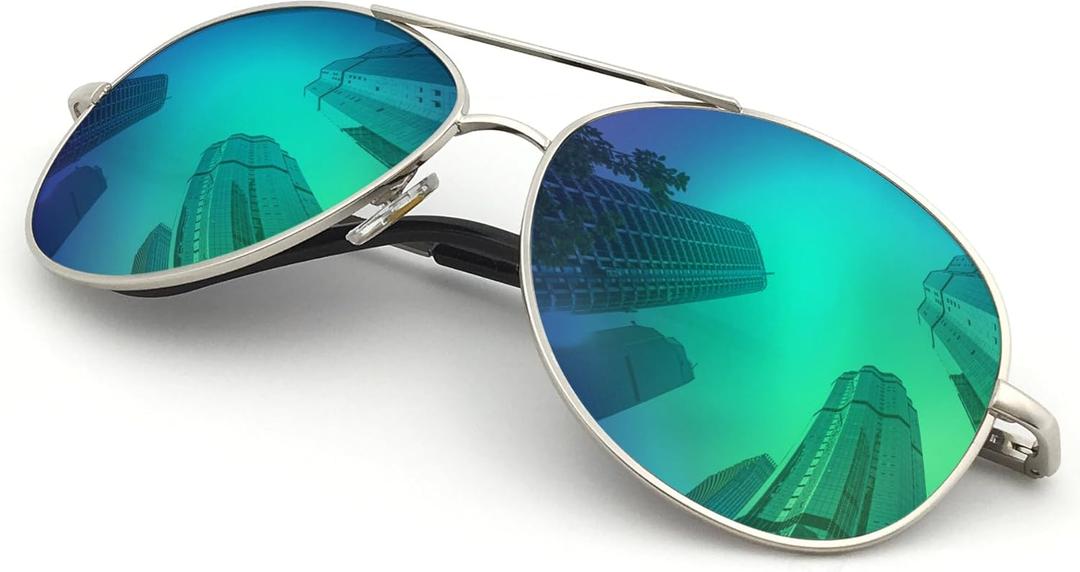 J+S Premium Military Style Classic Aviator Sunglasses, Polarized, 100% UV protection for Men Women (Silver Frame/Green Mirror Lens)