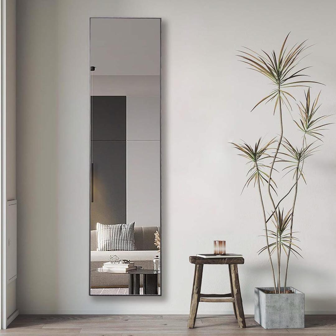 Hexago Rectangle Full Length Mirror, 59"x16", Aluminum Alloy Thin Frame, Floor Standing & Wall Mountable, HD Explosion-Proof Nano Glass for Bedroom, Living Room, Dressing Room (Black)