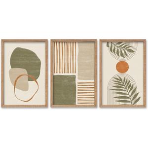 SRSZHIYUE Large Green Abstract Boho Plant Wall Art Neutral Bohemian Set of 3 Wood Framed 24x16 Inch for Living Room Bedroom Wall Decor Hanging (Wood)