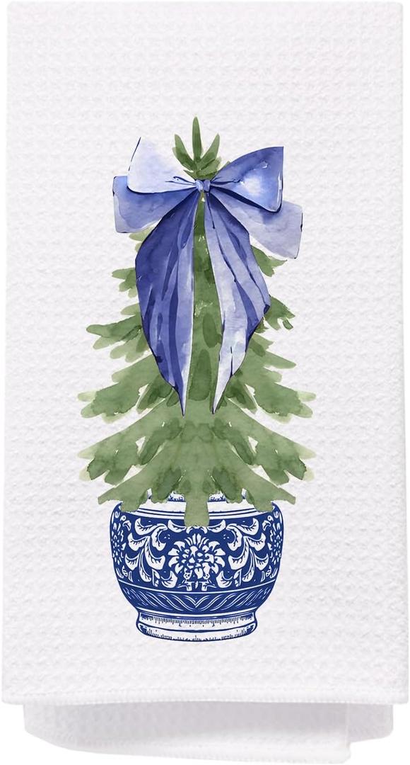 Chinoiserie Christmas Tree Hand Towels, Blue and White Porcelain - 16x24 Inch, Bathroom and Kitchen Decor
