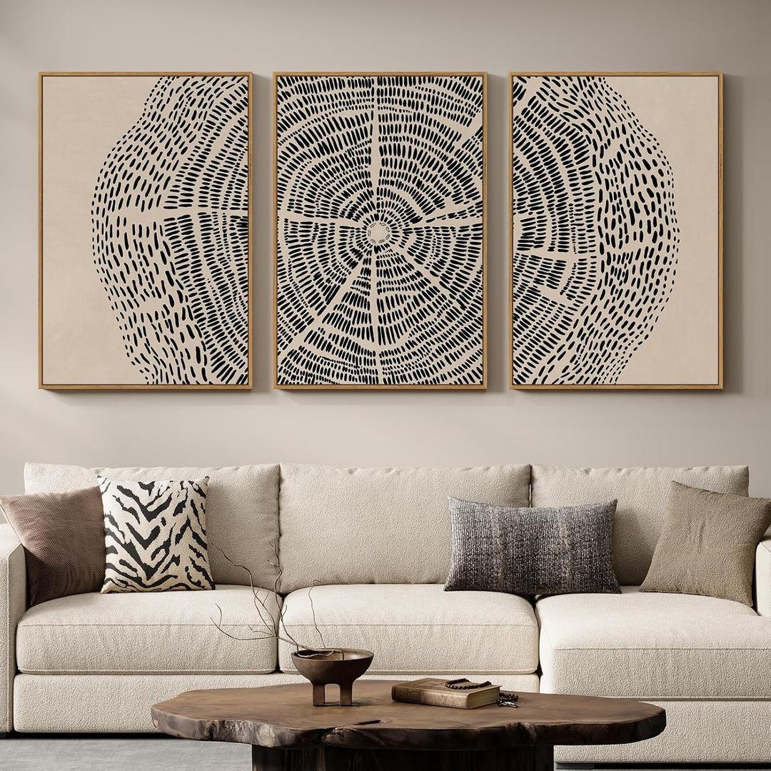 3 Piece Framed Neutral Tree Ring Wall Art for Living Room, Large Beige Black Abstract Canvas Artwork for Walls, Minimalist Prints Paintings for Bedroom Dining Room 24x36 Inch
