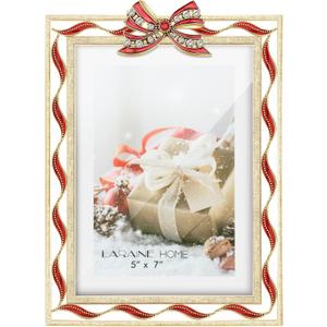 LARAINE Picture Photo Frame 5x7 Metal Ribbon Bow Rhinestones High Definition Display Pictures for Tabletop Home Decorative Holiday Gift (Gold)