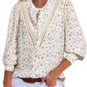 Astylish Women's Lace Crochet Patchwork Floral Long Sleeve Button Down Blouse (L)