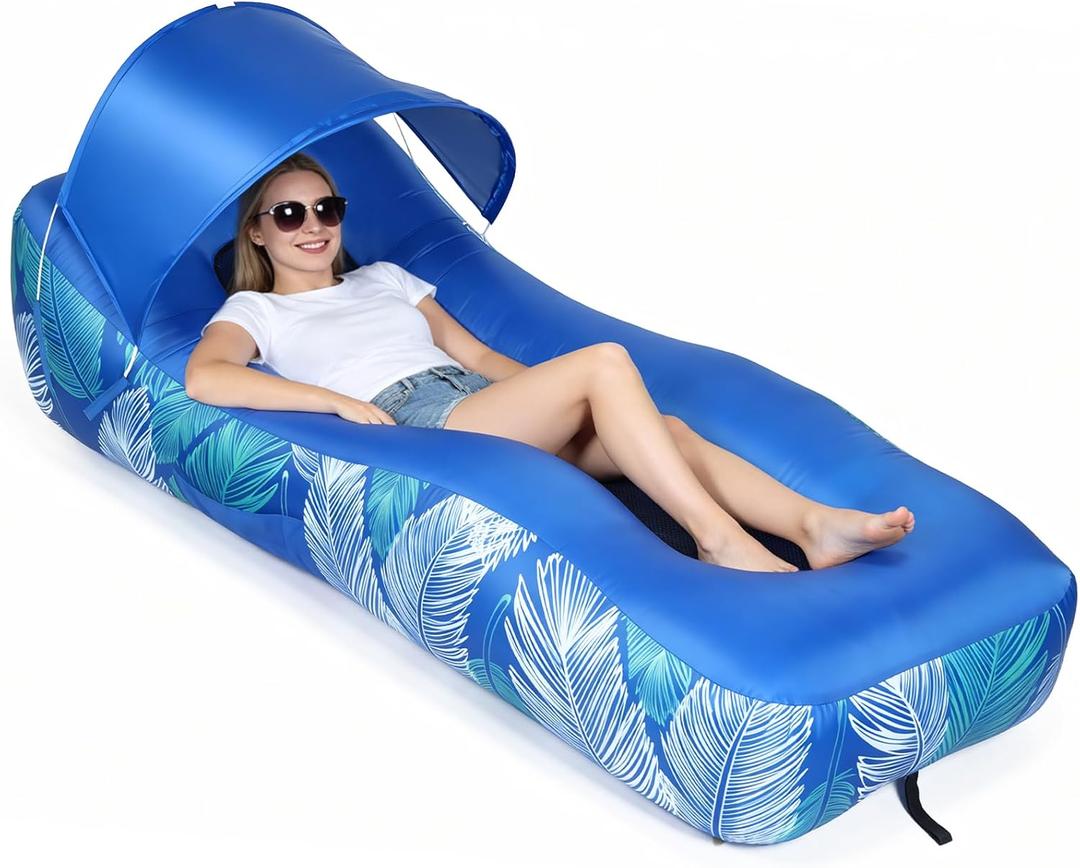 Inflatable Lounger with Sun-Shade Tent,Inflatable Couch with Pillow, Waterproof Beach Bed Camping Chair Air Sofa for Hiking Backyard Lakeside Travel Beach Park Picnics & Music Festivals（Blue）
