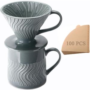 Pour Over Coffee Maker with 100 Sheets of Paper Filter, 15 oz Ceramic Coffee Mug & Coffee Dripper, 1 Cup-Single Brew Coffee Set, Grey