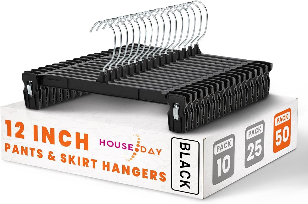 HOUSE DAY Black Pants Hangers 50 Pack, 12 Inch Skirt Hangers with Non-Slip Big Clips and 360 Swivel Hook, Heavy Duty Slim Plastic Pant Hanger, Space Saving Clip Hanger for Pants, Skirts, Shorts