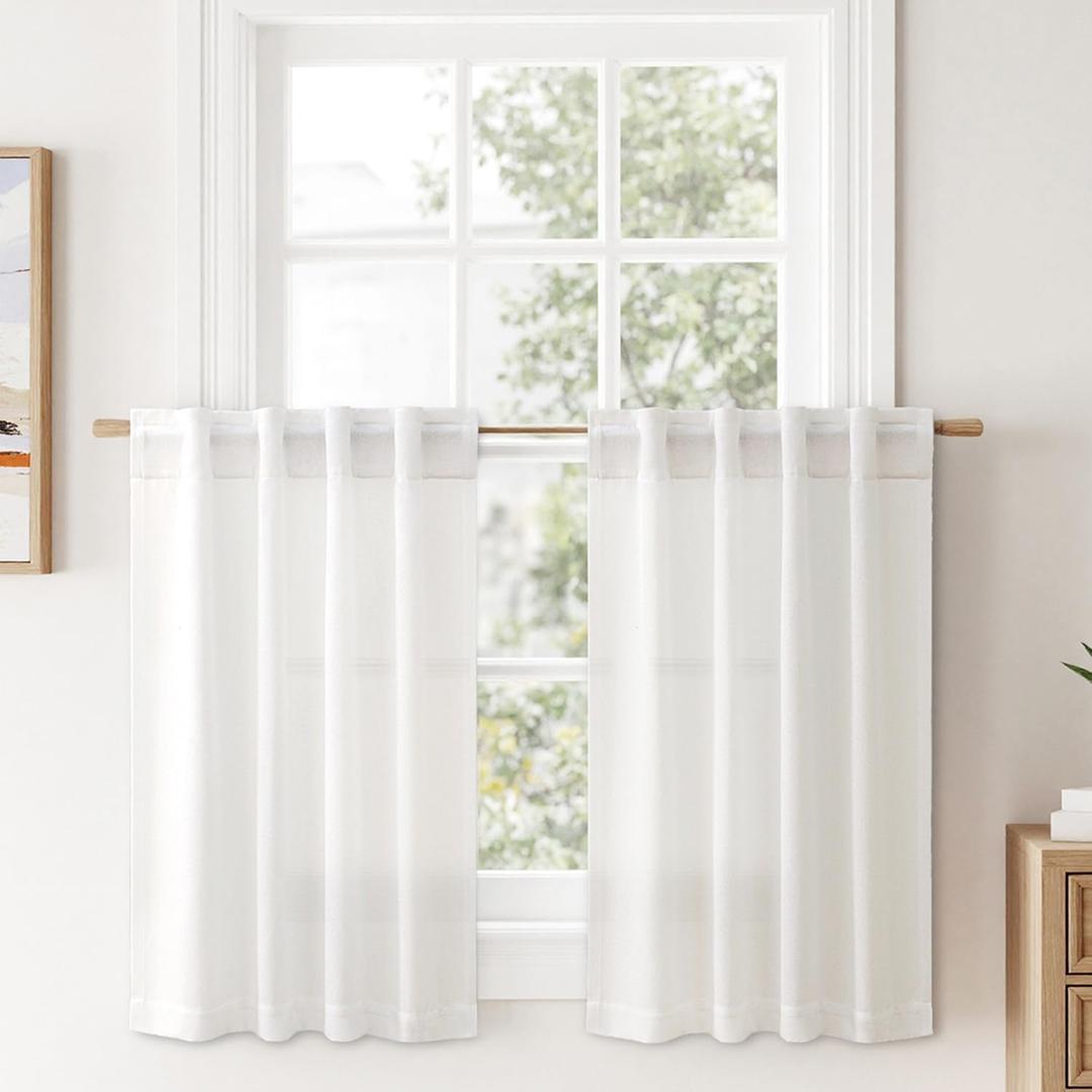 MIULEE Linen Textured Small Kitchen Window Curtains Over Sink, Semi Sheer Farmhouse Cafe Curtain 36 Inch Long Short Back Tab Half Window Curtains for Bathroom Basement 2 Panels Heathered White