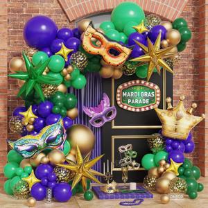 Mardi Gras Balloon Arch Kit,149Pcs Purple Green Gold Balloon Garland with Confetti,Mardi Mask,Explosion Star Foil Balloons for New Orleans Masquerade Birthday Carnival Fat Tuesday Party Decorations