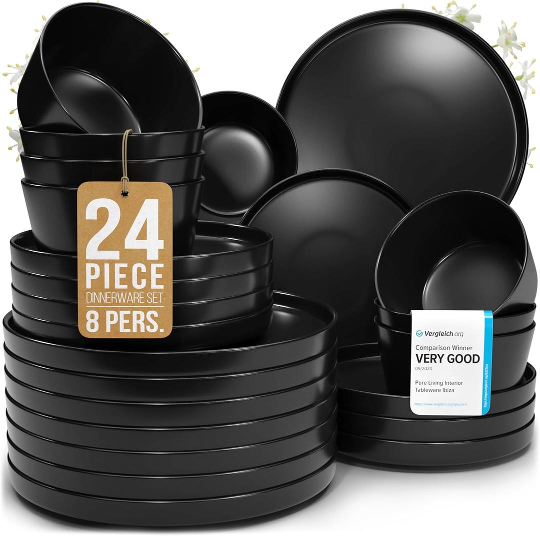 Stoneware dinnerware set 8 persons 24 pcs  Ultra chic matte black plates and bowls set  Dishwasher and microwave safe  Bowl and plate set  Dinner service Pure Living
