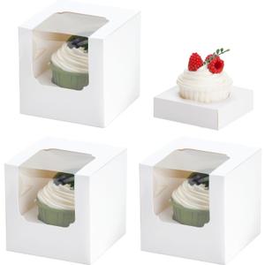50 Pcs Cupcake Boxes Individual Cupcake Containers Pre-Assembled Single Cupcake Boxes 3.5"x3.5"x3.5" with 50 Pcs Inserts for Cupcakes Muffins Party Favors, (White)