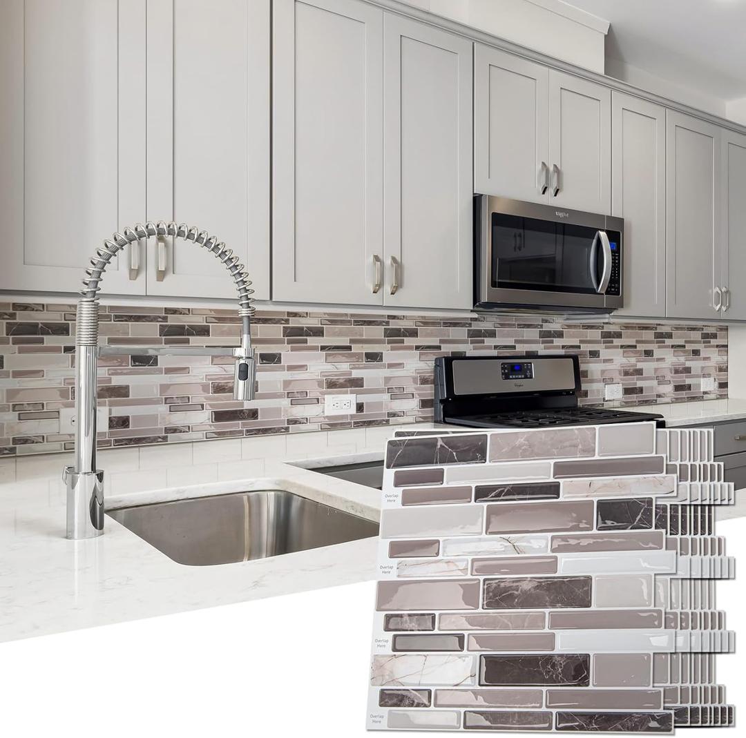 Art3d Peel and Stick Backsplash Tiles for Kitchen, 10-Sheet Self Adhesive Removable Stick On Vinyl Wall Tiles, 12" x 12",Brown Marble