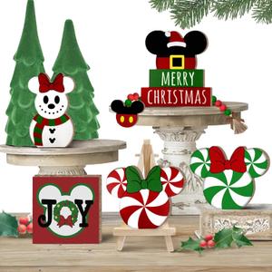Christmas Tiered Tray Decor, Cute Snowman Tray Decorations, Candy Wooden Signs Wood Bead Garland, Farmhouse Rustic Winter Merry Xmas Decorations for Home Table Shelf Party Holiday 7PCs