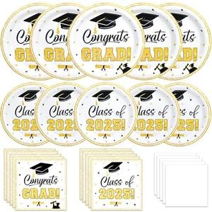 U-PTYTM 200 Pcs Graduation Decorations 2025 Party Decorations Set, White Gold Party Supplies Class of 2025 Disposable Paper Plates and Napkins for College High School Congrats Grad Party, Serve 50