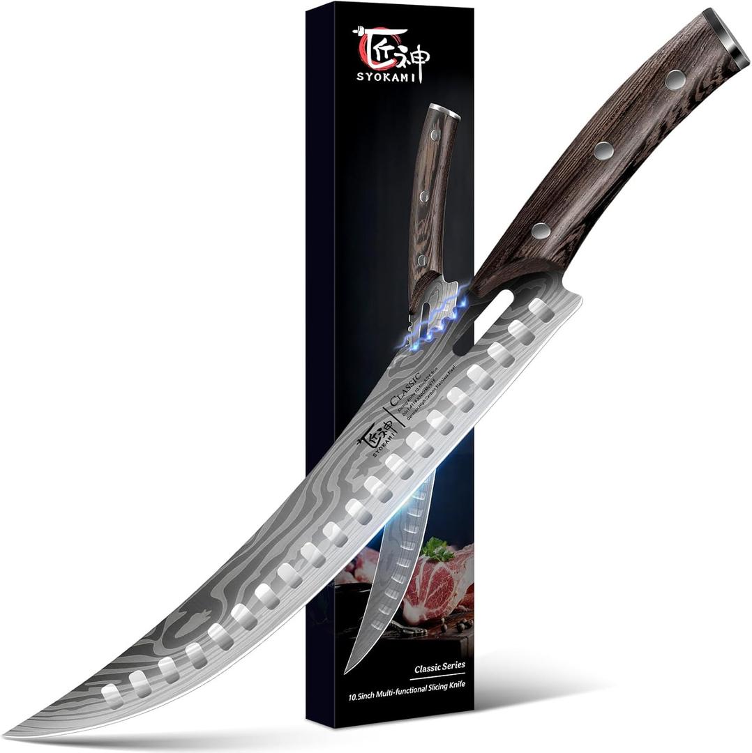 Butcher Breaking Knife for Meat Cutting, 10.5 Inch Japanese Style Curved Carving Knife with Wooden Full Tang Handle, Damascus Pattern, Razor Sharp Cimiters with Gift Box, Birthday Gift for Men