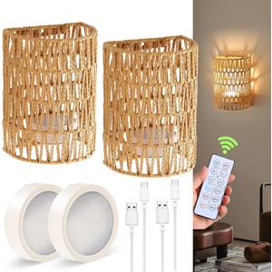 Battery Operated Wall Sconce, Rattan Rechargeable Wall Sconce, Boho Wall Sconces Battery Operated with Remote, Wireless Sconces Set of 2 for Bedrooms, Hallway, Living Room