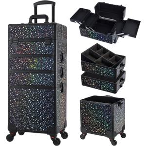Stagiant Rolling Makeup Case Cosmetology Case on Wheels 4 in 1 Large Makeup Travel Case Nail Kits Organizer Train Case with Key Make Up Artist Salon Storage Traveling Cart Trunk Black Star