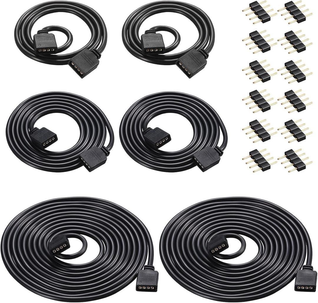 Honoson 6 Pieces 4 Pin RGB Extension Cable LED Strip Connector Cord Wire Cables Kit with 12 Pieces Pin Connector for 5050 3528 RGB LED Strip Light(1.6、3.3 、6.6 ft,Black)