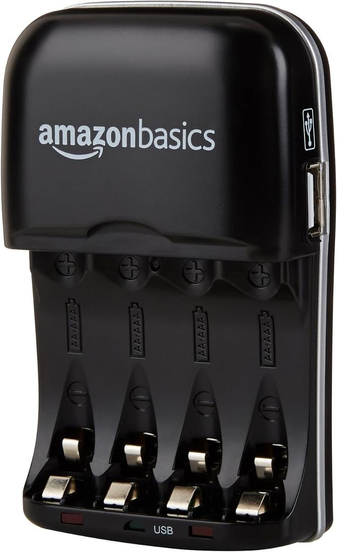 Amazon Basics Rechargeable Battery Charger for AA & AAA Ni-MH Batteries with USB Port, Portable, Travel-Friendly, Over-Charge Protection, Black