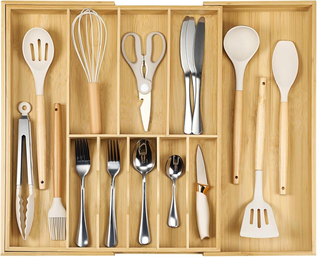 Fabsome Silverware Organizer for Cabinet Drawer, Expandable from 16.7'' to 30'' Wide Bamboo Wood Flatware Tray for Large Kitchen Drawers, Cutlery Utensil Holder