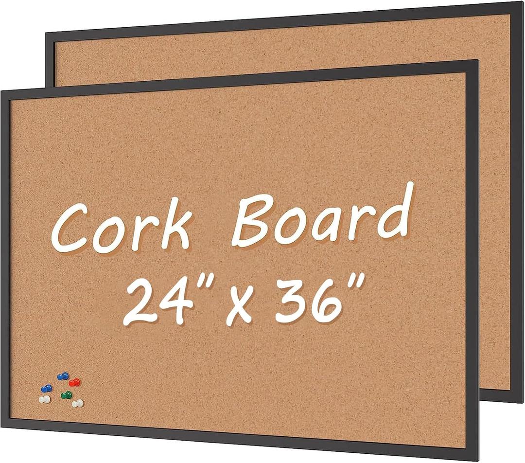 2-Pack Cork Board Bulletin Board 24 x 36, Black Wood Framed 2x3 Corkboard, Office Board for Wall Cork, Large Wall Mounted Notice Pin Board with 32 Push Pins for School, Home & Office