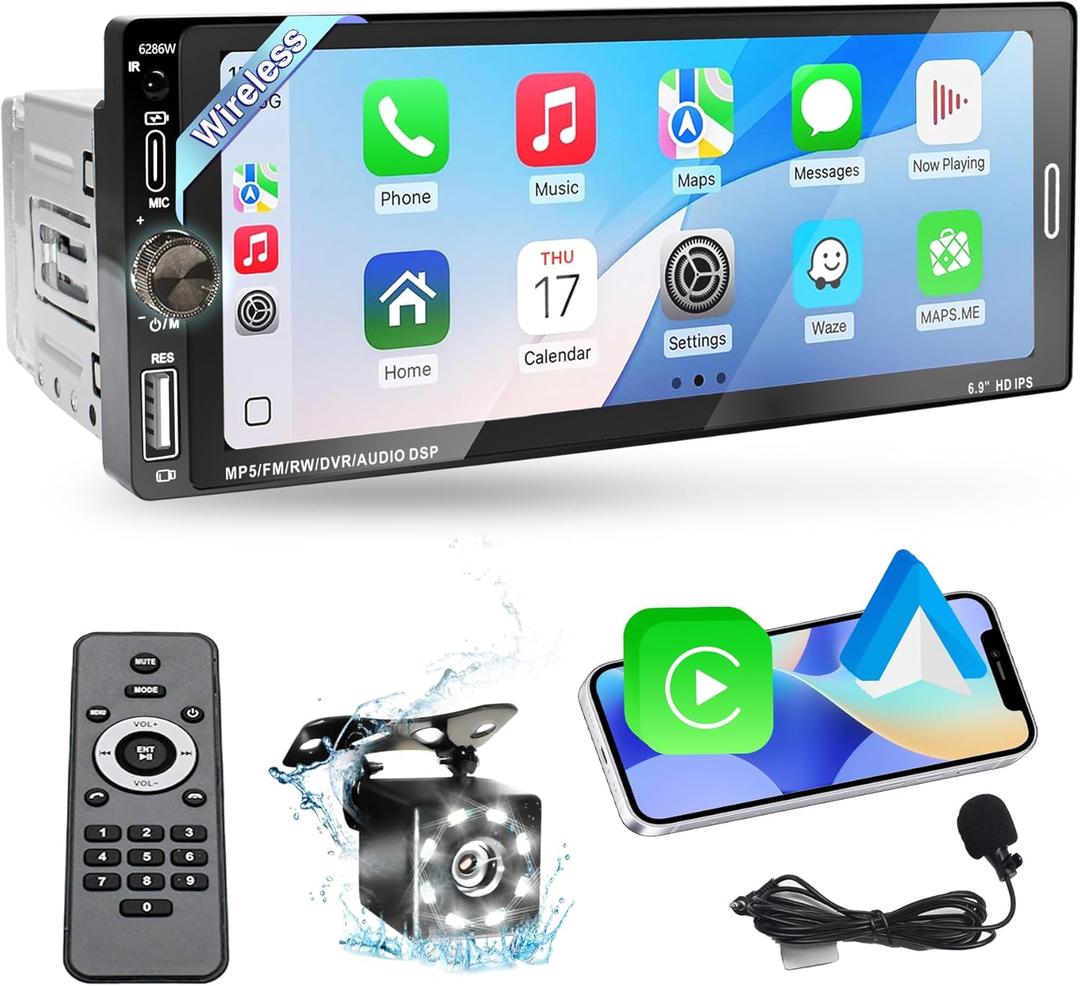 6.9 in Wireless Carplay Single Din Car Stereo, HD IPS Touchscreen Car Radio, Car Stereo with Bluetooth 5.0,Mirror Link,FM,EQ,USB/Type-C,MIC, Waterproof Night Version Backup Camera, Android Auto