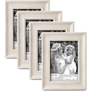 Yaetm 5x7 Picture Frame Set of 4, 1.4 Wide Molding & Rustic White Photo Frames 5 x 7 with HD Tempered Glass, Display on Tabletop & Wall Mounting (4 Pack, White)