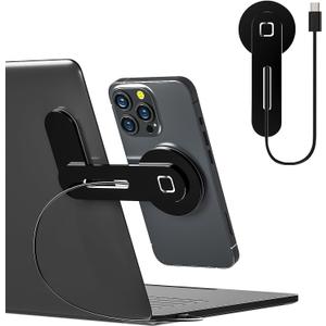 Laptop Phone Holder, 15W Fast Wireless Charger, Magnetic iPhone 12/13/14/15 Series Holder, Modern Minimalist Black Aluminum Monitor Clamp
