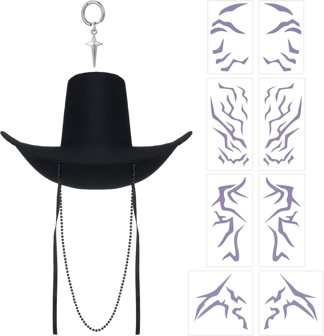 3 Pack K-pop Theme Men Costume Accessories Cosplay Temporary Tattoos Sticker Black Korean Gat Hat