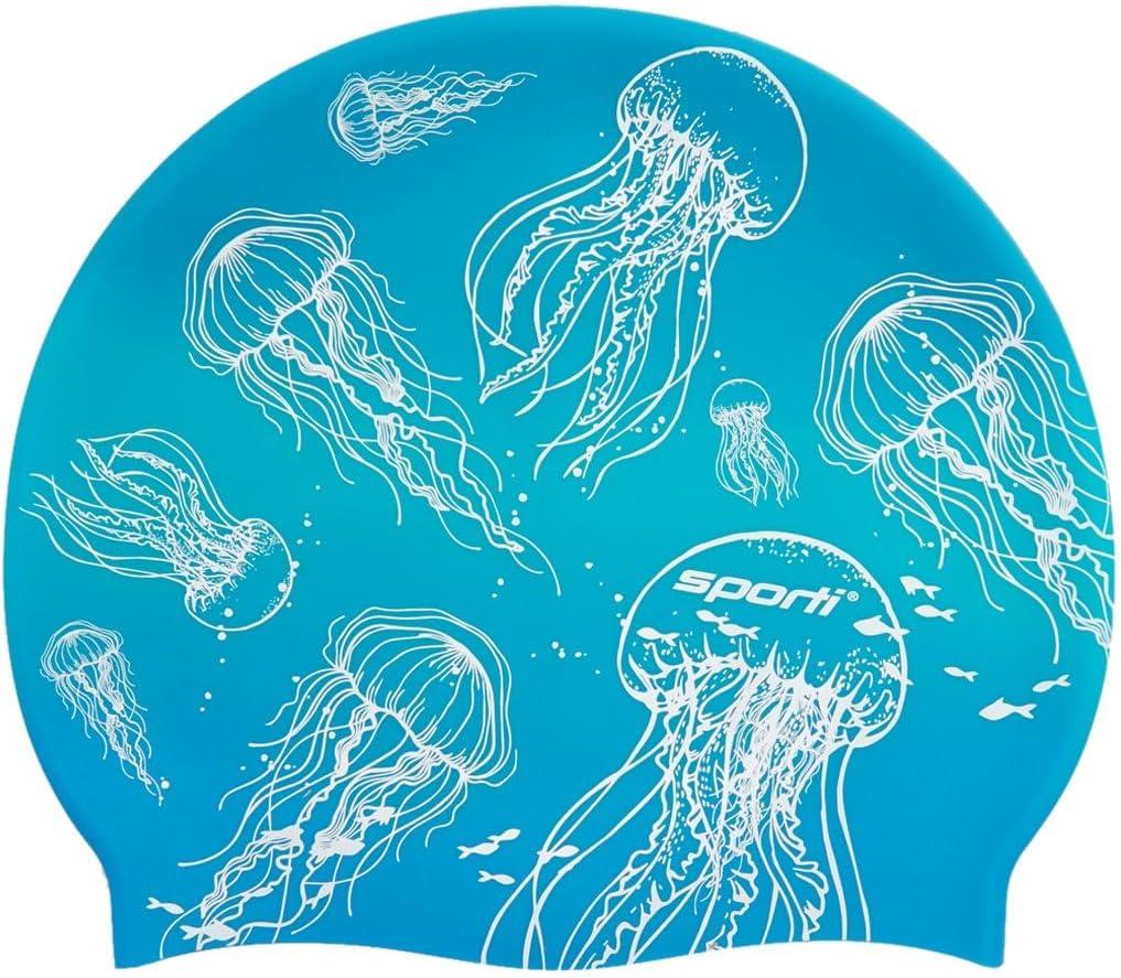 Sporti Silicone Swim Cap for Women & Men, Adult, Vibrant Lightweight Swimming, Non-Slip, Easy Wear, Removal, Protects Hair (Jellyfish - Blue)