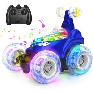 Kizeefun RC Stunt Car Invincible 360 Rolling Twister with Colorful Lights & Music, Rechargeable Remote Control Car for Boys and Girls (Blue)