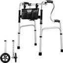 Foldable Walkers for Seniors - Aluminum Stepped Handrail Walker, Height Adjustable Walkers for Seniors, Lightweight Folding Walkers, 2 Wheels with Bearings as an Option, Silver