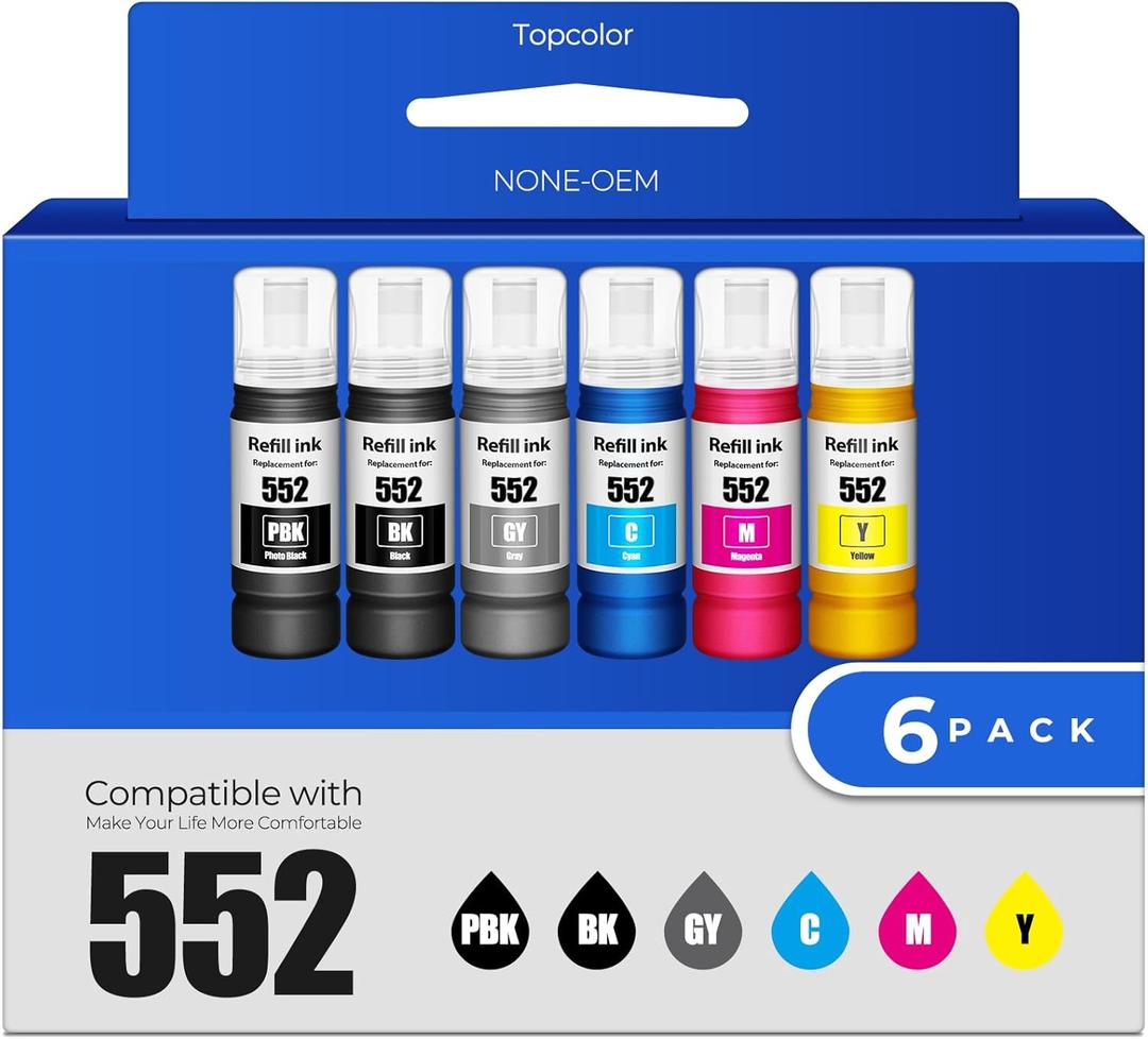 552 Ink Bottles 6 Pack ET-8550 ET-8500 Replacement for 552 Ink Refill Bottle Work for Photo ET 8550 ET8550 Photo ET 8500 ET8500 8550 8500 Printers (BK PB C M Y GY)