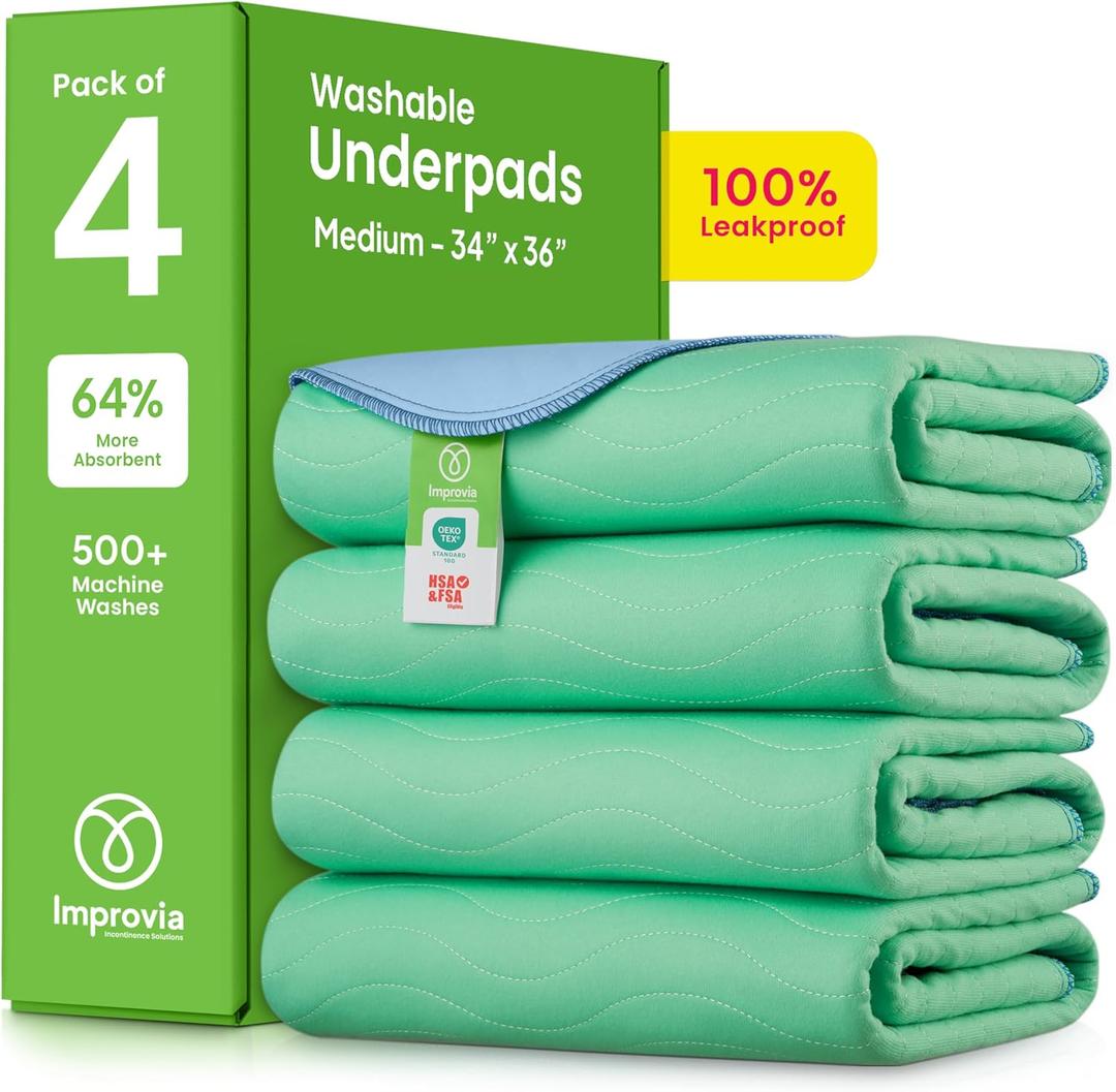 IMPROVIA Washable Underpads, 34" x 36" (Pack of 4) - Heavy Absorbency Reusable Bedwetting Incontinence Pads for Kids, Adults, Elderly, and Pets - Waterproof Protective Pad for Bed, Couch, Sofa, Floor (Green)