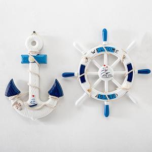 EMINGSKY 2 Pack 13" Nautical Wooden Boat Steering Wheel and Wood Wheel Rudder Anchor with Rope Nautical Boat Ship Wheel Anchor Fishing Net Decorations Wall Decor Door Hanging Home Ornament Fishing Net Shell (Blue and White)