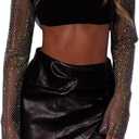 BEJONS Women Rhinestone Top Black Mesh Chain Fishnet Long Sleeve Outfit - Sparkly Crystal Rave Crop Shirt (Small)