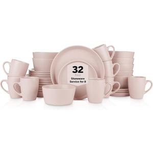 Stone Lain Albie Stoneware 32-Piece Modern Dinnerware Set, Kitchen Plates and Bowls Sets, Dish Set for 8, Pink