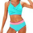 Kids4ever Girls Swimsuits 2 Piece Mint Green Color Block Tween Bikini Sets with Chest Pad Adjustable Straps Bathing Suits for Girls V Neck High Waisted Girls'Swimwear Size 9-10