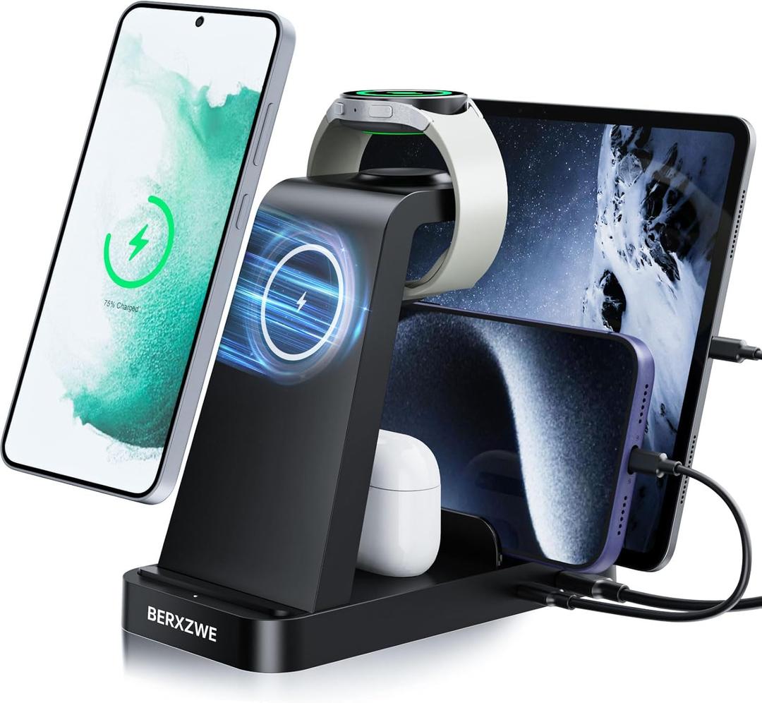 Samsung Charging Station, 5 in 1 Wireless Charger for Galaxy S25 Ultra/S24 Ultra/S23/S22, Charger Stand for Samsung Galaxy Watch7/6/5/4/3, Charging Dock Stand for Android Multiple Devices, Black