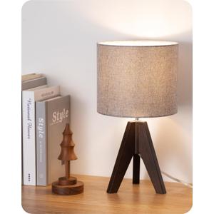 EDISHINE Boho Small Table Lamp, Walnut Color Wooden Tripod Bedside Lamp, Farmhouse Nightstand Lamp for Nursery, Bedroom, Office, Kid Room, Living Room, Grey Linen Lampshade, E26 Socket, 14.2 Inch