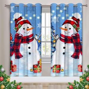 pinata Christmas Curtains for Living Room, Christmas Snowman Curtains 84 Inch Length for Living Room 2 Panel Set, Winter Curtain for Bedroom, Blue Xmas Snowman Decorations for Home Room Window