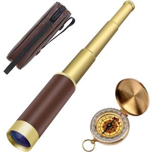 Retro Pirate Telescope Zoomable 25x30 Spyglass Portable Collapsible Handheld Telescope Vintage Monocular for Kids & Survival Gear Compass Pocket Military Compass for Camping Boating