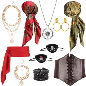 JATEBI Pirate Costume Accessories Set for Women Outfit Set with Head Scarf, Leather Bracelet, Necklace Eyepatch for Cosplay