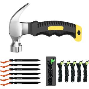 6 Pack Aluminum Tent Stakes6 Pack High-Reflective Guy Lines 4mm Tent Cords High-Strength Lightweight Camp Ropes with Glow in The Dark Adjuster Tensioner for Tent, Small Claw Hammer