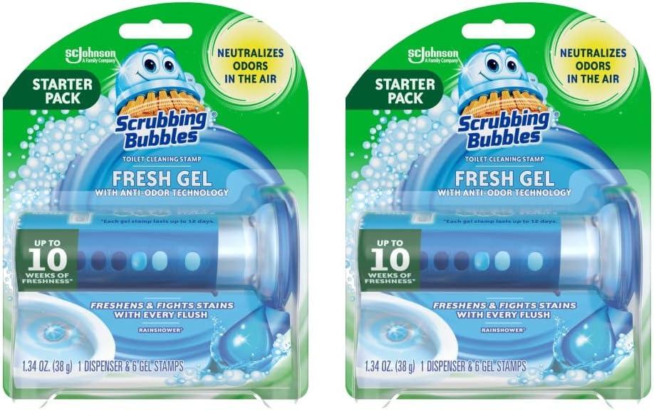 Scrubbing Bubbles Fresh Gel Toilet Bowl Cleaning Stamps, Helps Keep Toilet Clean and Helps Prevent Limescale & Rings, Rainshower Scent, 1 Dispenser with 6 Fresh Gel Stamps (2 Pack)