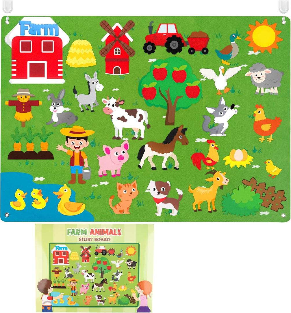WATINC Farm Animals Felt Story Board Set 3.5Ft 38Pcs Preschool Farmhouse Themed Storytelling Flannel Barnyard Domestic Livestock Early Learning Interactive Play Kit Wall Hanging Gift for Kids