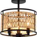 3 Light Rattan Ceiling Light Fixture 11inch Boho Semi Flush Mount Ceiling Light Black Hand-Woven Cage Wicker Chandelier for Farmhouse Bedroom Hallway Entryway Kitchen